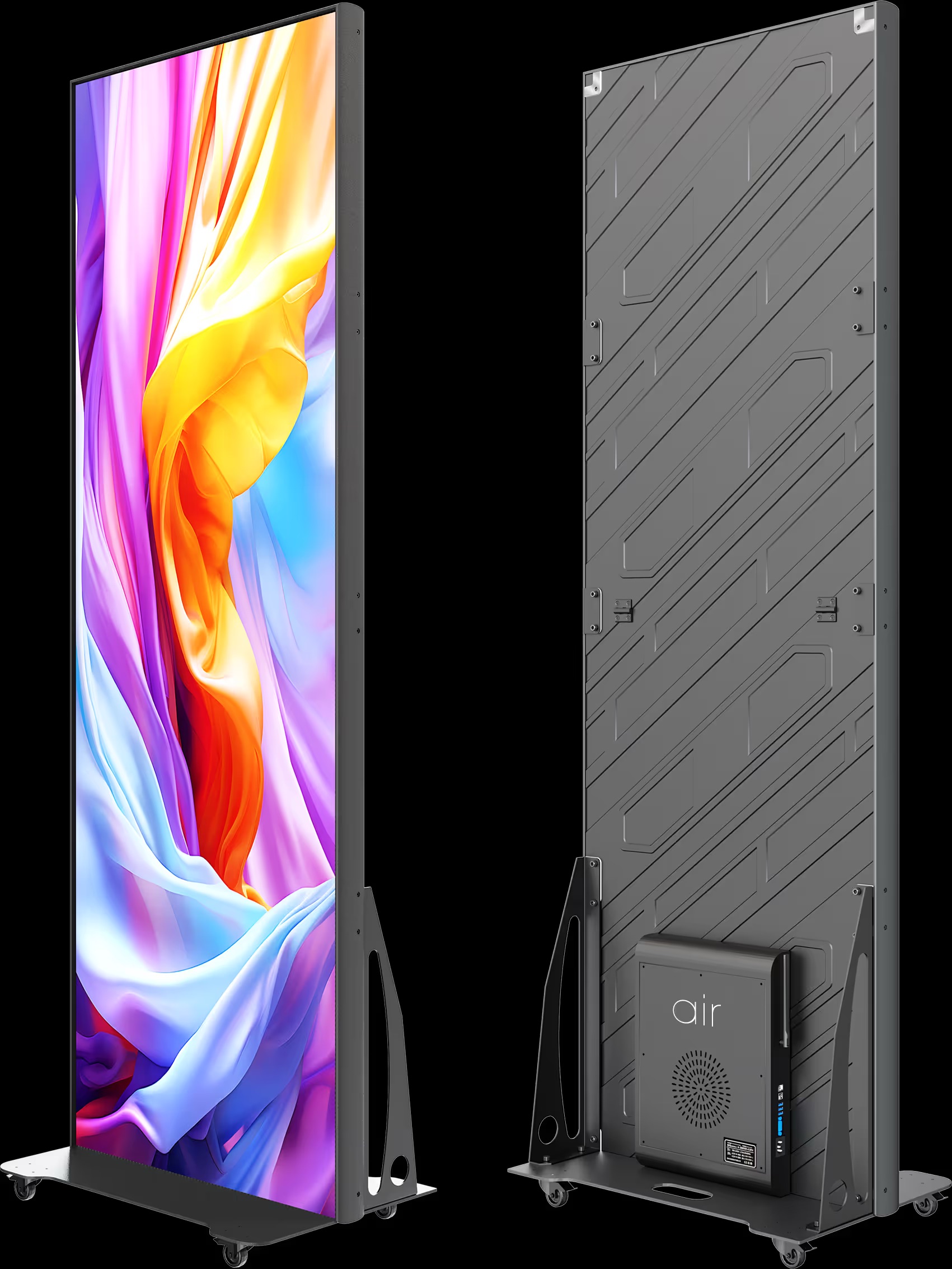 Altitude Air series LED panel shown from the front and back on its stand