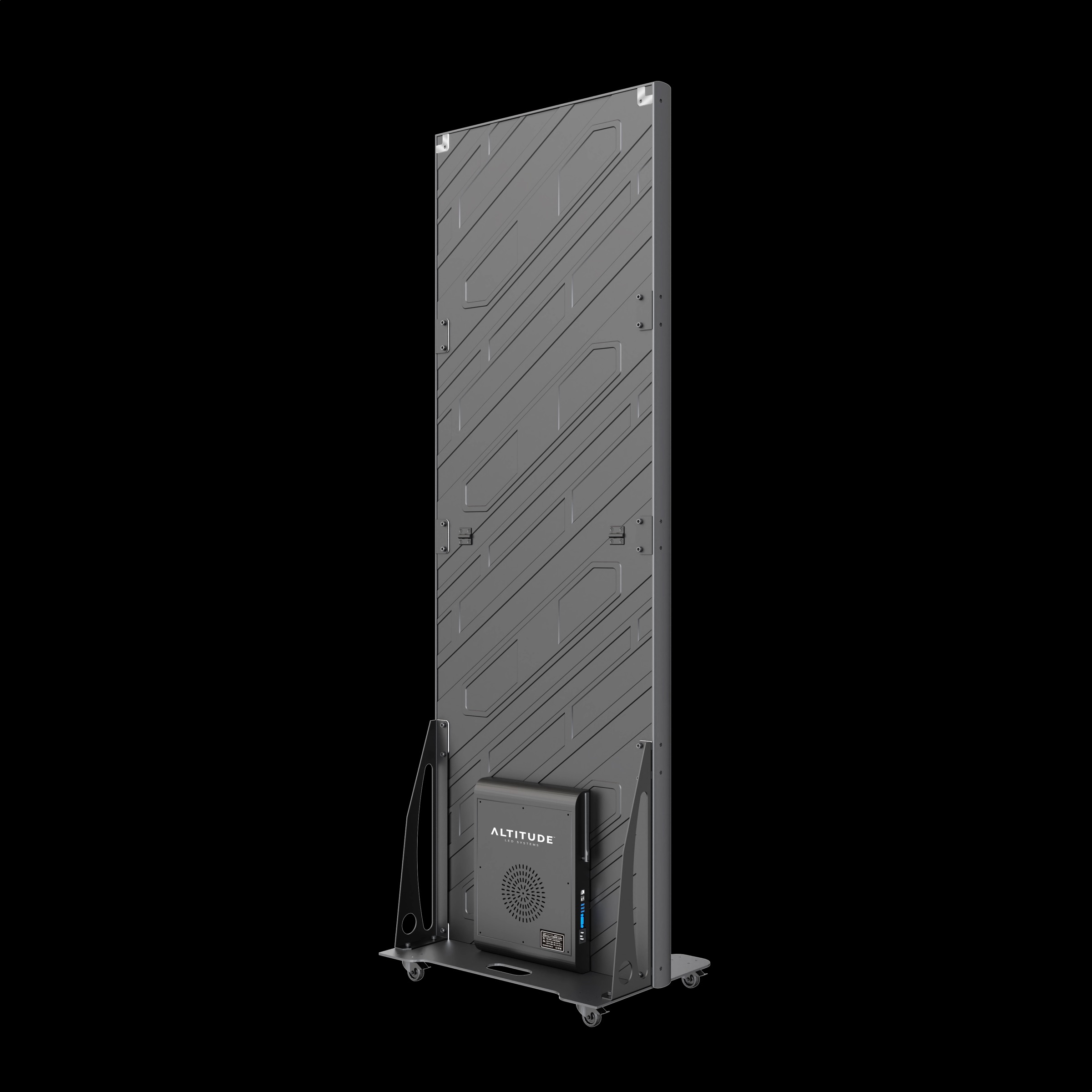 Back of an Altitude Air LED panel on its rolling stand with the built-in processor box