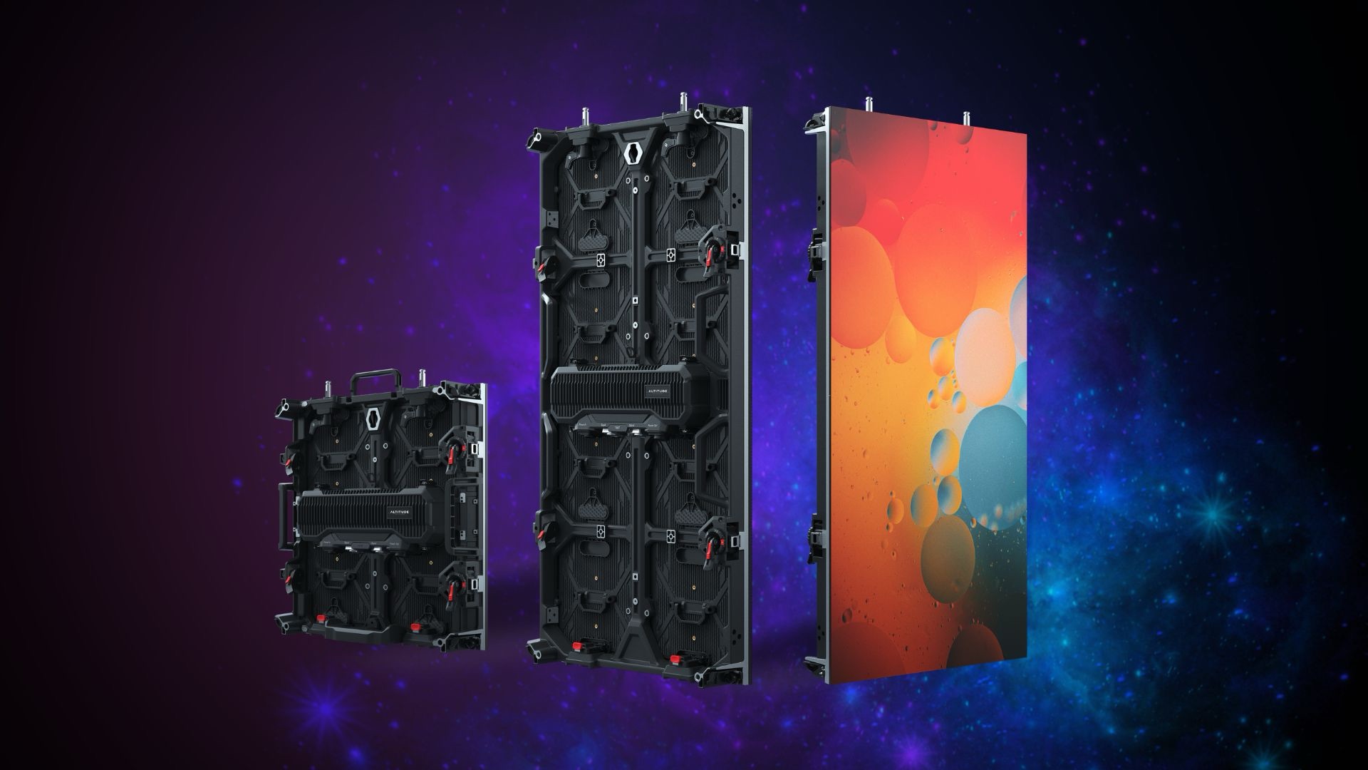 Altitude APEX series LED panels on a purple galaxy background