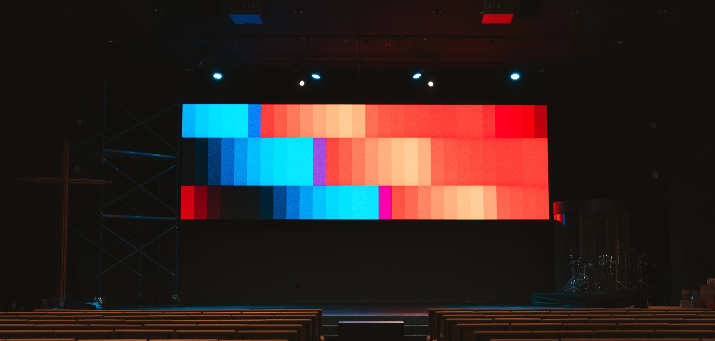 Citizens Church stage in Plano, TX with its wide multi-panel Altitude LED wall
