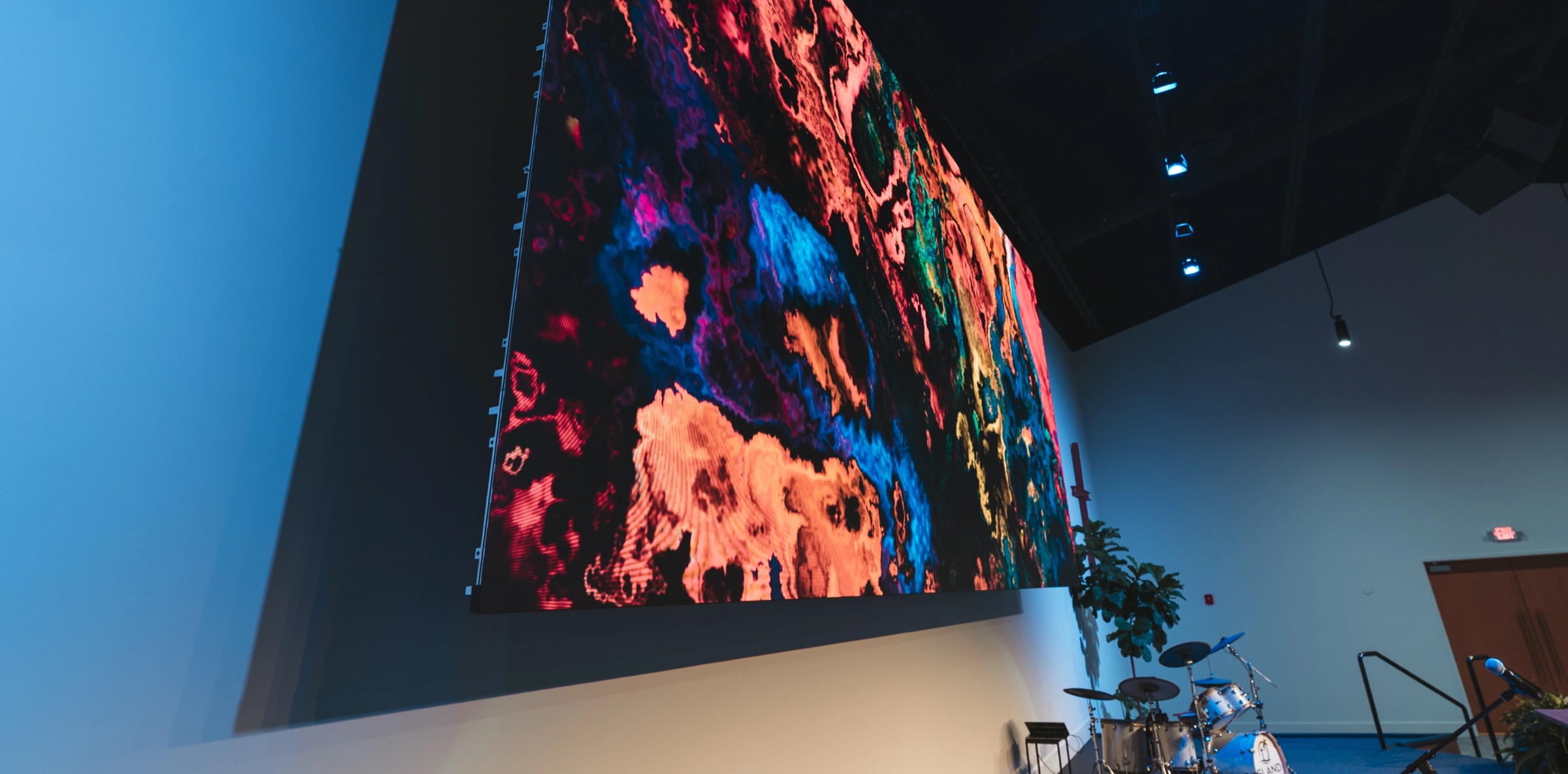 Side view of the Altitude LED wall at Island Community Church in Islamorada, FL showing vivid motion content