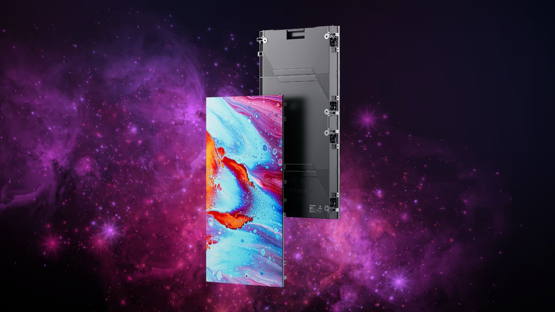 Altitude Cloud series LED panel on a purple galaxy background