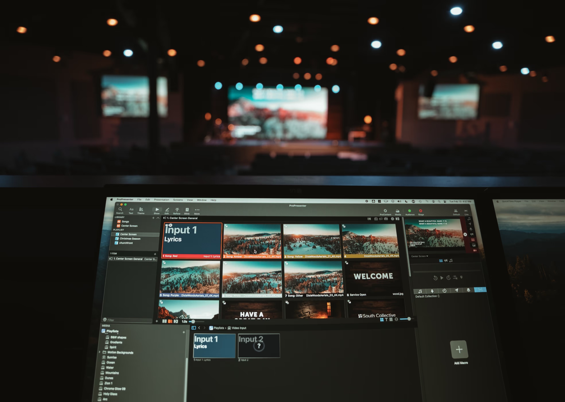 ProPresenter on a production booth monitor with Altitude LED screens on the church stage behind