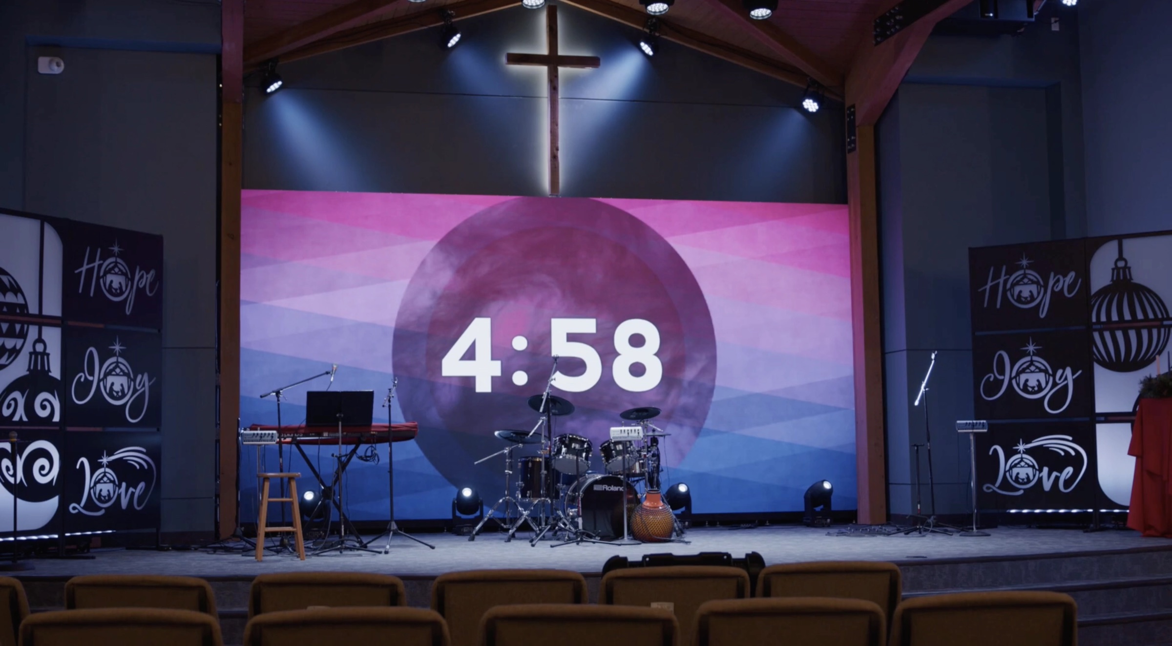 Red Rocks Fellowship sanctuary in Littleton, CO with the Altitude LED wall showing a countdown
